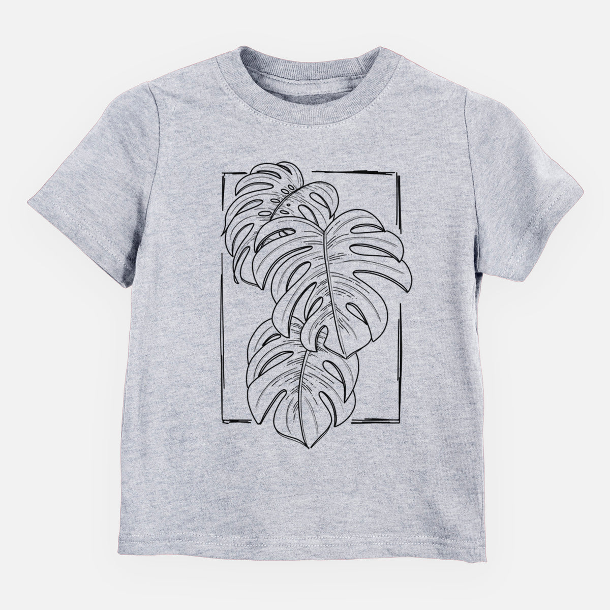 Heather grey toddler t-shirt laid flat, printed with a black ink line drawing of Monstera deliciosa leaves inside a rectangle outline.