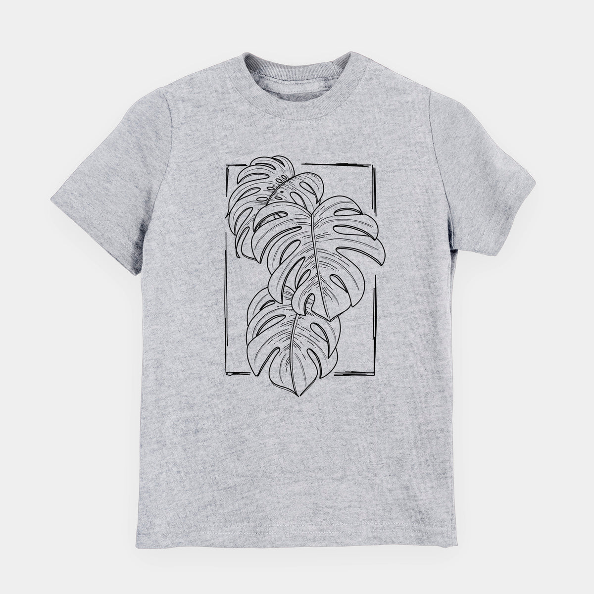 Heather grey youth t-shirt laid flat, printed with a black ink line drawing of Monstera deliciosa leaves inside a rectangle outline.
