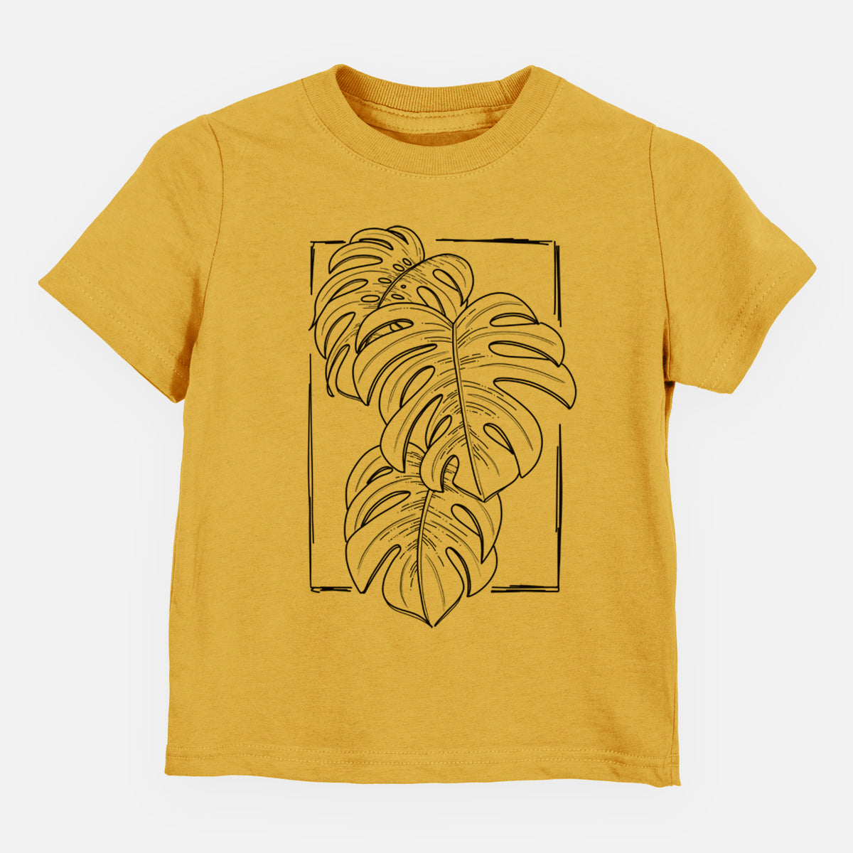 Honeycomb yellow toddler t-shirt laid flat, printed with a black ink line drawing of Monstera deliciosa leaves inside a rectangle outline.