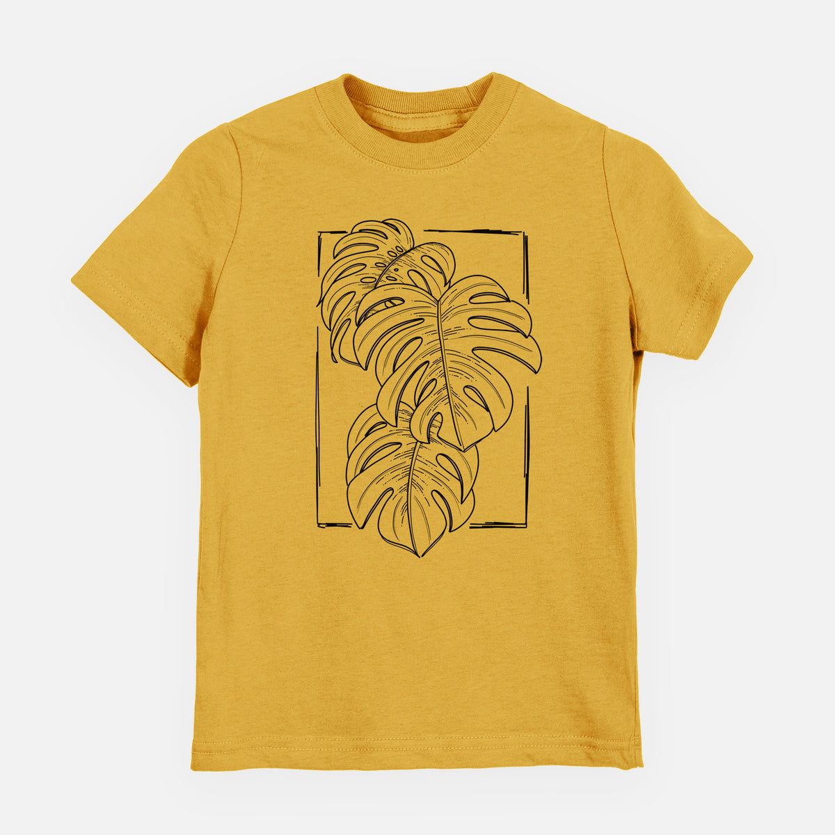 Honeycomb yellow youth t-shirt laid flat, printed with a black ink line drawing of Monstera deliciosa leaves inside a rectangle outline.