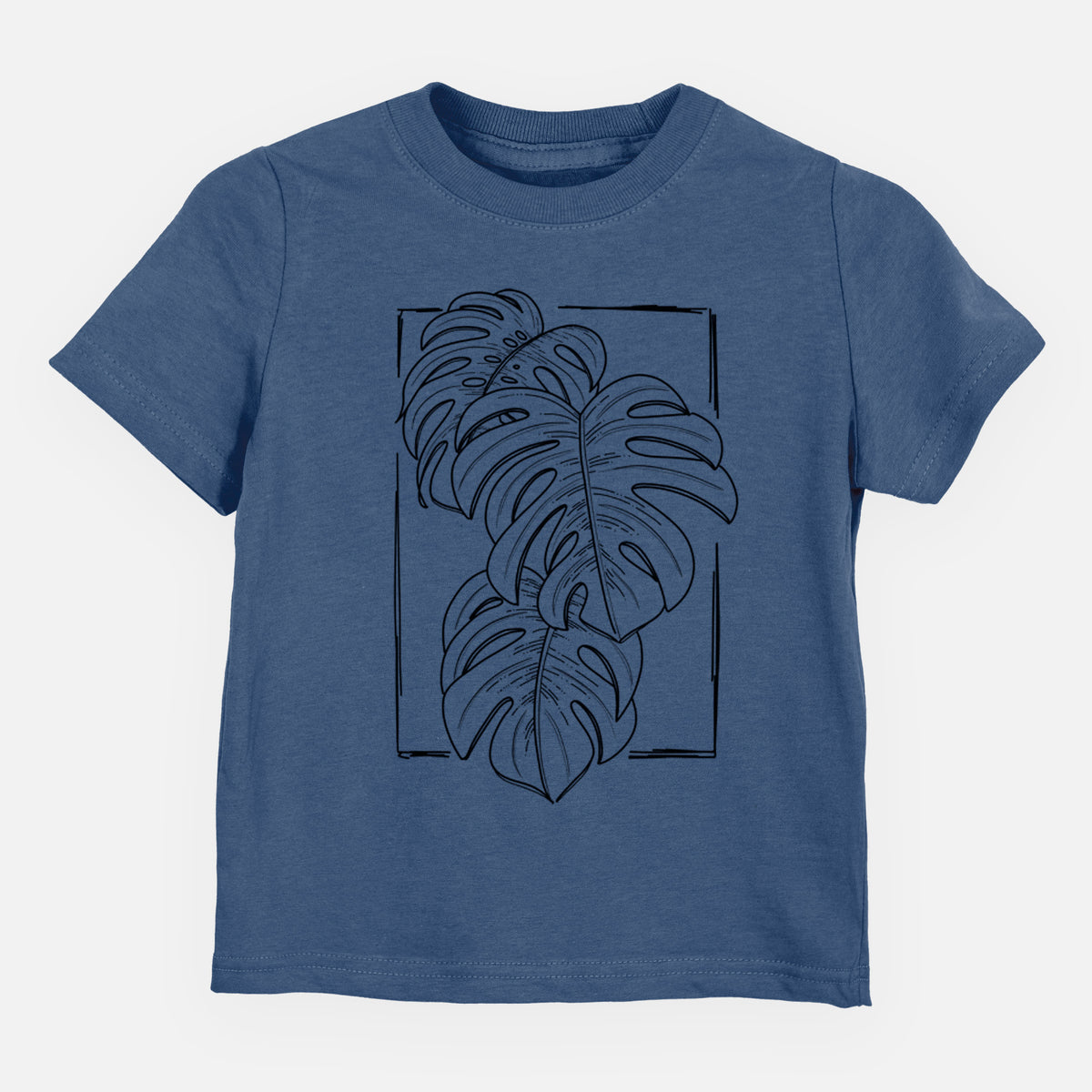 Indigo blue toddler t-shirt laid flat, printed with a black ink line drawing of Monstera deliciosa leaves inside a rectangle outline.