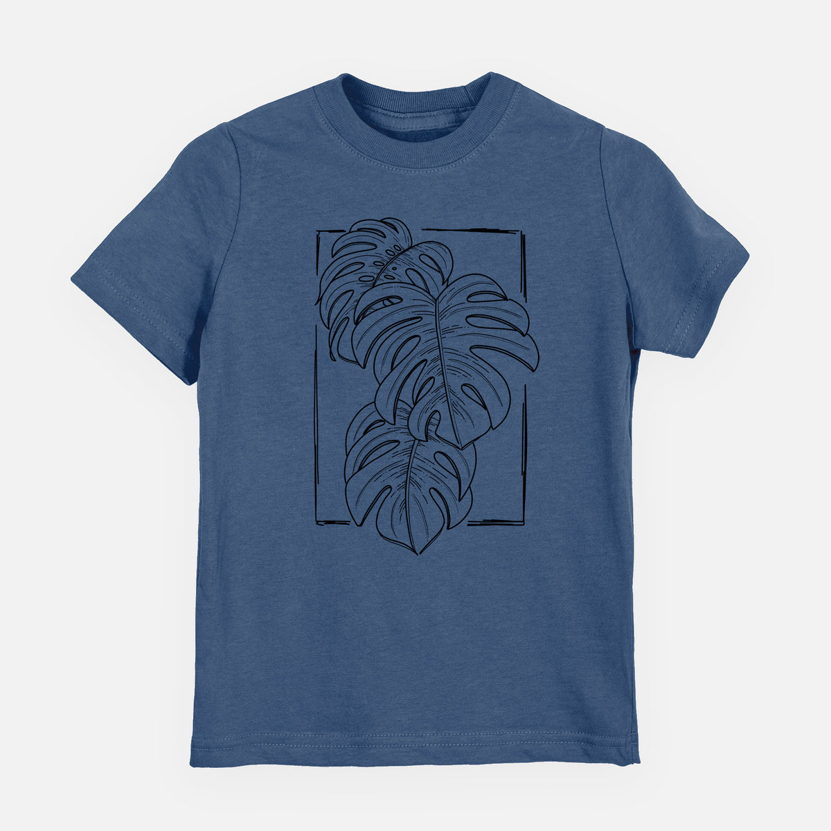 Indigo blue youth t-shirt laid flat, printed with a black ink line drawing of Monstera deliciosa leaves inside a rectangle outline.