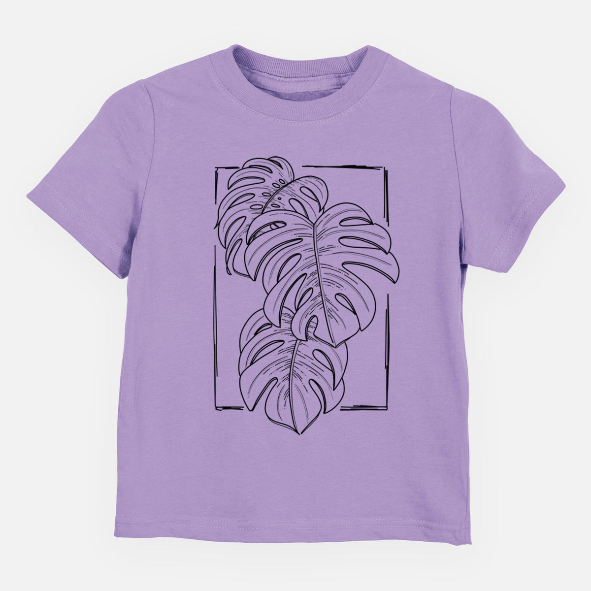 Lavender toddler t-shirt laid flat, printed with a black ink line drawing of Monstera deliciosa leaves inside a rectangle outline.
