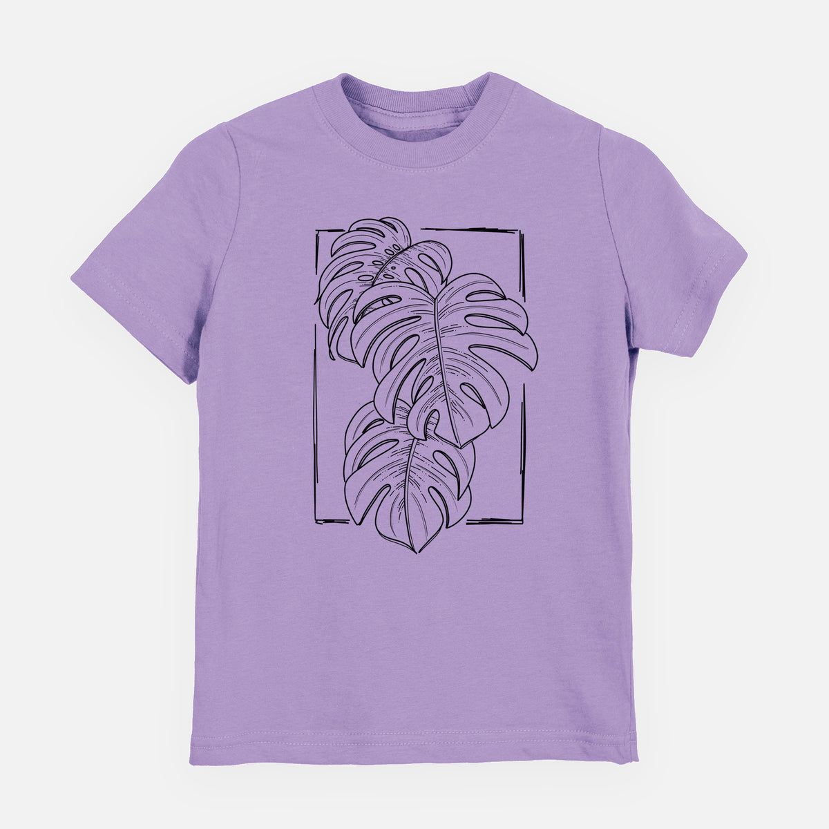 Lavender youth t-shirt laid flat, printed with a black ink line drawing of Monstera deliciosa leaves inside a rectangle outline.