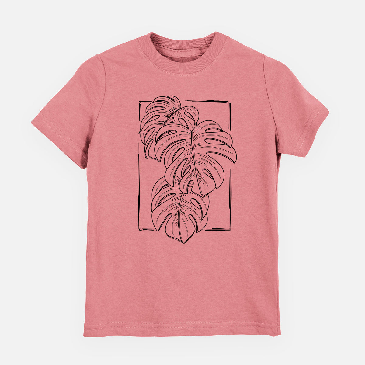 Mauve pink youth t-shirt laid flat, printed with a black ink line drawing of Monstera deliciosa leaves inside a rectangle outline.