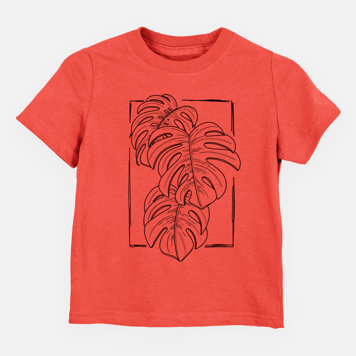 Passionfruit pink toddler t-shirt laid flat, printed with a black ink line drawing of Monstera deliciosa leaves inside a rectangle outline.