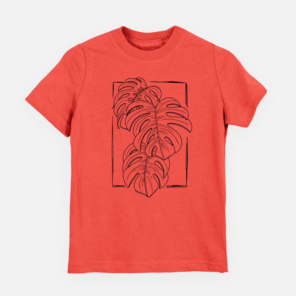 Passionfruit pink youth t-shirt laid flat, printed with a black ink line drawing of Monstera deliciosa leaves inside a rectangle outline.
