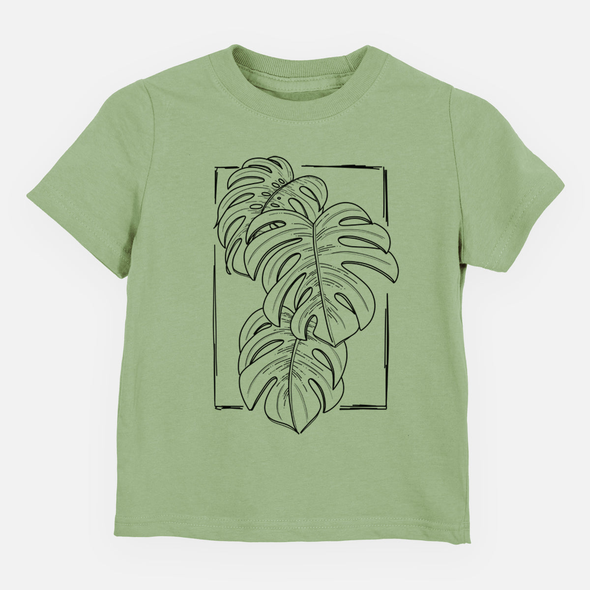 Sage green toddler t-shirt laid flat, printed with a black ink line drawing of Monstera deliciosa leaves inside a rectangle outline.