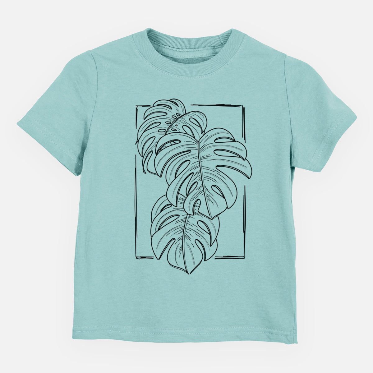 Saltwater toddler t-shirt laid flat, printed with a black ink line drawing of Monstera deliciosa leaves inside a rectangle outline.