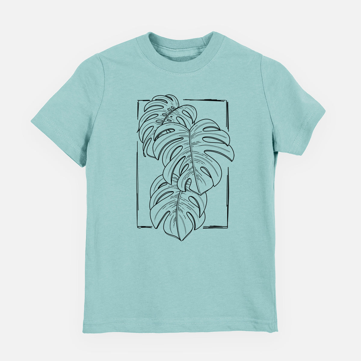 Saltwater youth t-shirt laid flat, printed with a black ink line drawing of Monstera deliciosa leaves inside a rectangle outline.