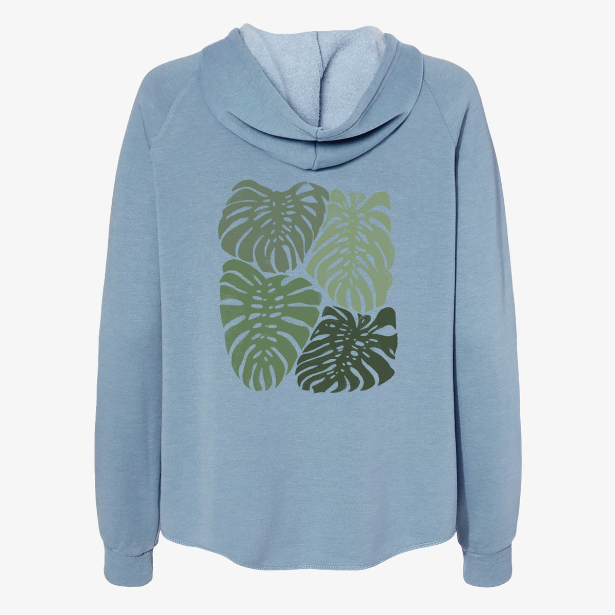 Misty blue women's Cali Wave zip-up sweatshirt laid flat, printed with a full-color illustration of large green Monstera leaves filling a square.