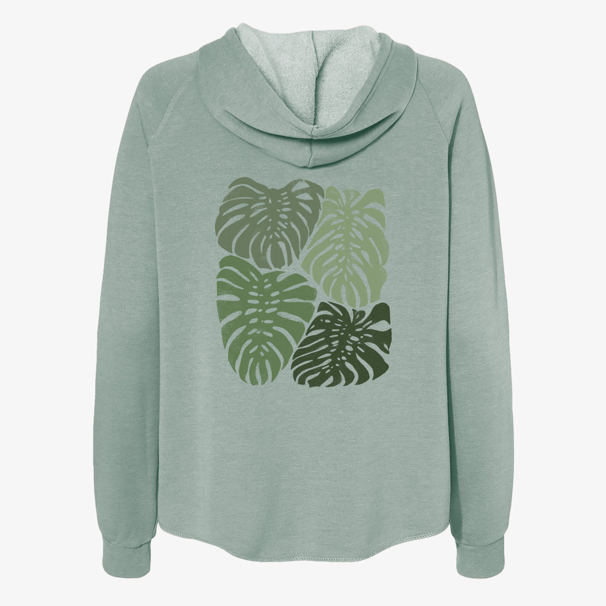 Sage green women's Cali Wave zip-up sweatshirt laid flat, printed with a full-color illustration of large green Monstera leaves filling a square.