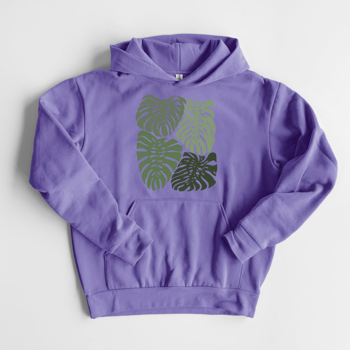 Monstera Vibes - Statement Midweight Hoodie in Violet, laid flat, showing the oversized boxy fit and front kangaroo pocket.