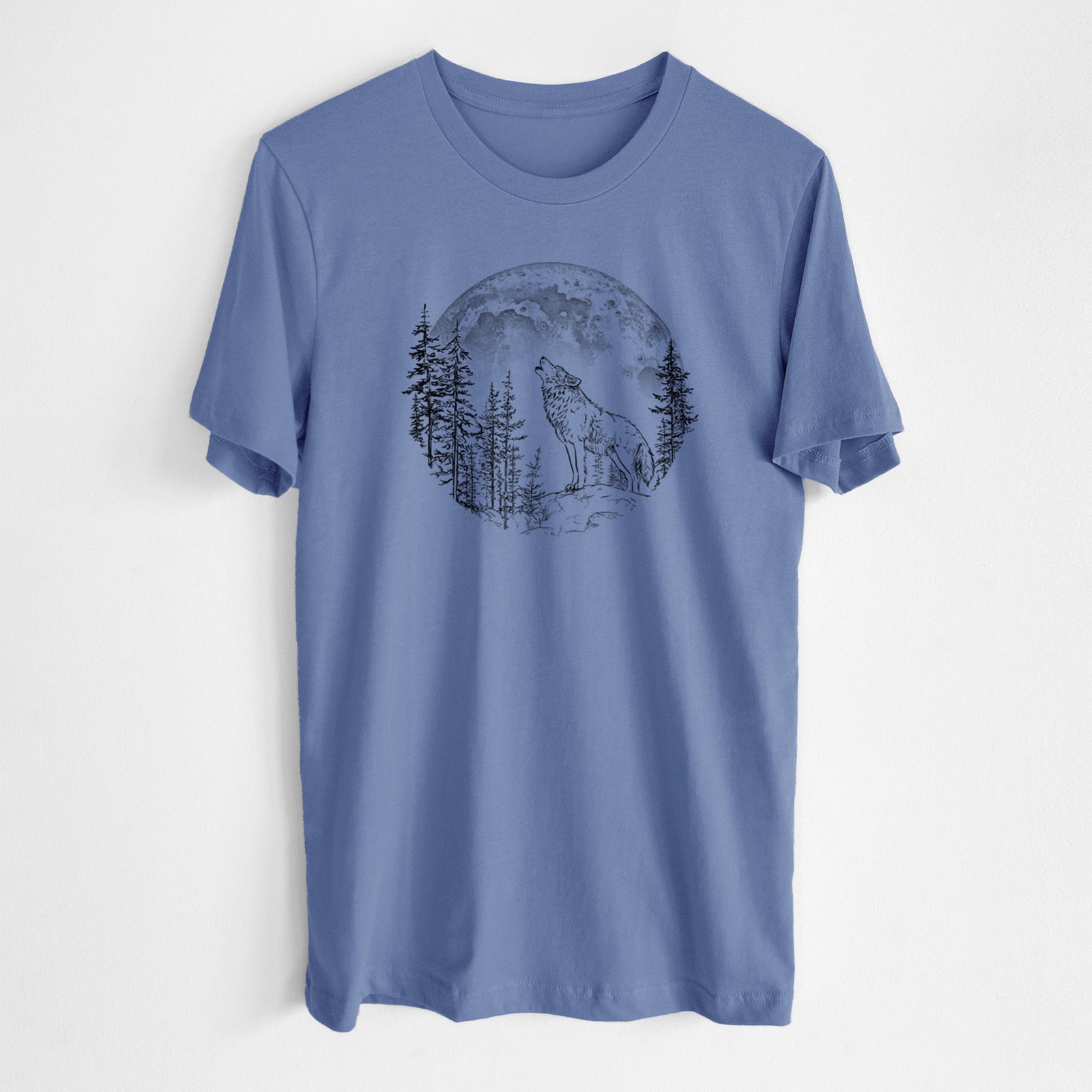 Blue bell lightweight cotton t-shirt laid flat, printed with a black ink wolf howling in front of a full moon, surrounded by pine trees.