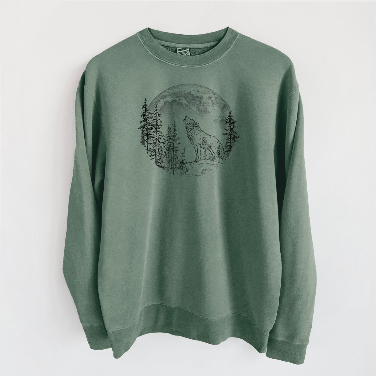 Wolf Howling at the Moon - Unisex Pigment Dyed Crew Sweatshirt in Alpine Green