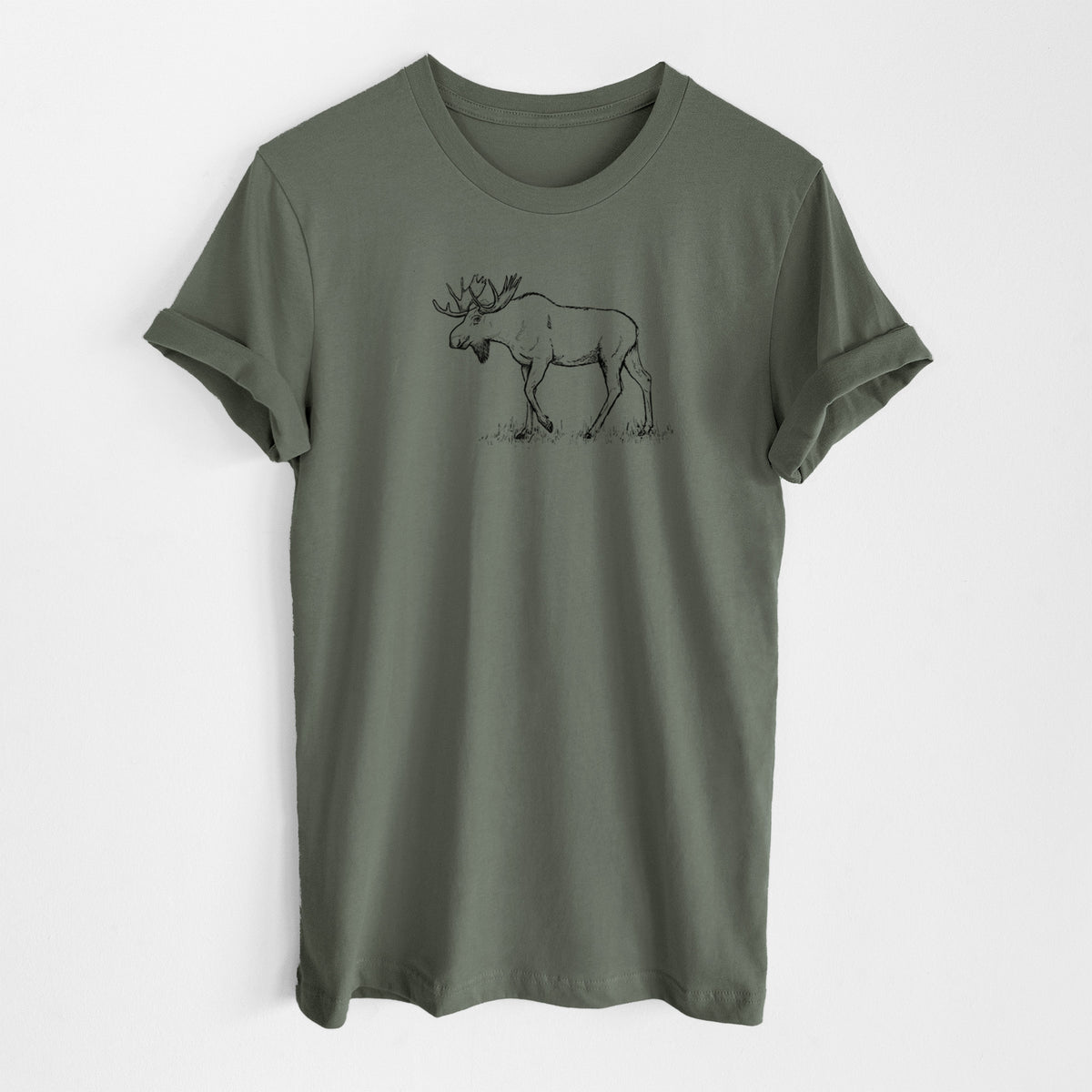 Military green lightweight cotton t-shirt laid flat, printed with a black ink illustration of a bull moose with broad antlers walking.