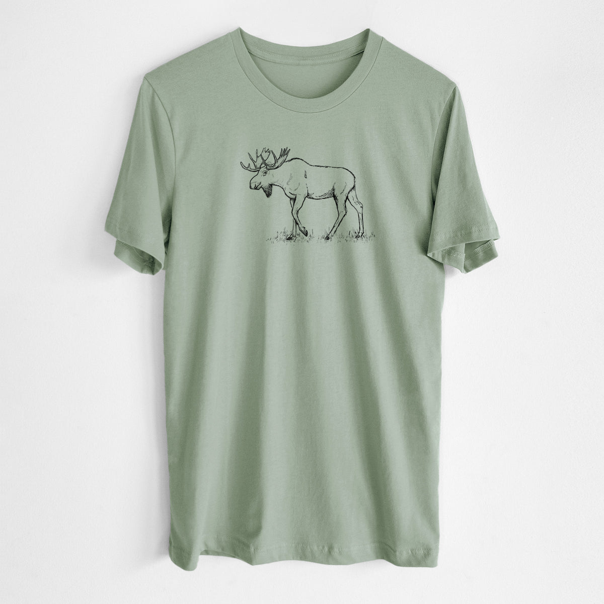 Sage green lightweight cotton t-shirt laid flat, printed with a black ink illustration of a bull moose with broad antlers walking.