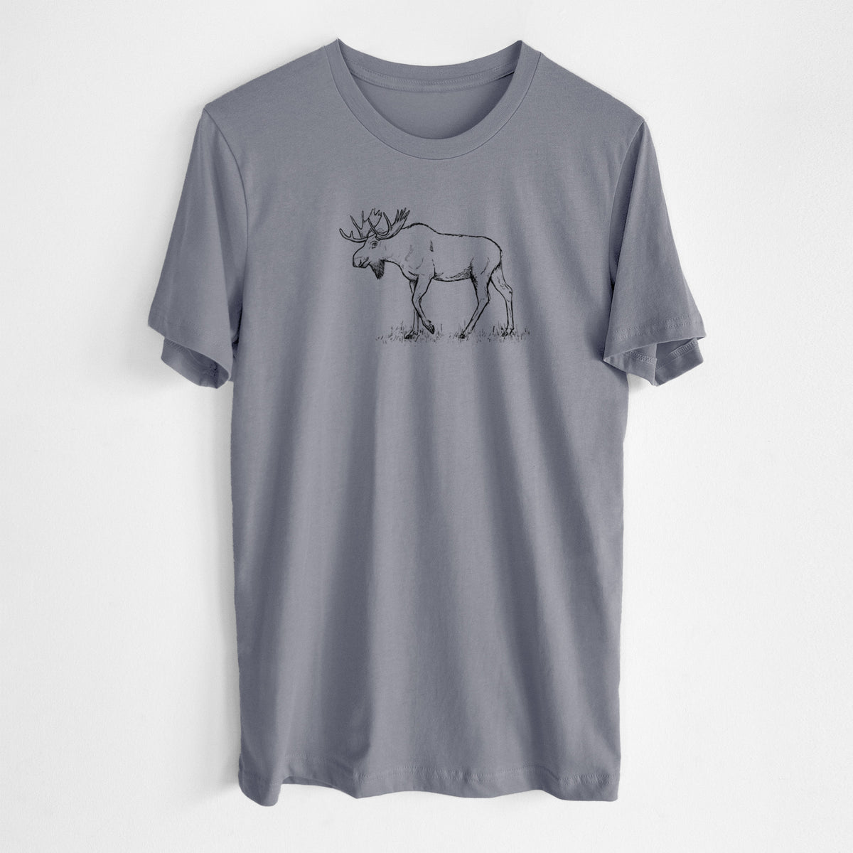 Storm grey lightweight cotton t-shirt laid flat, printed with a black ink illustration of a bull moose with broad antlers walking.