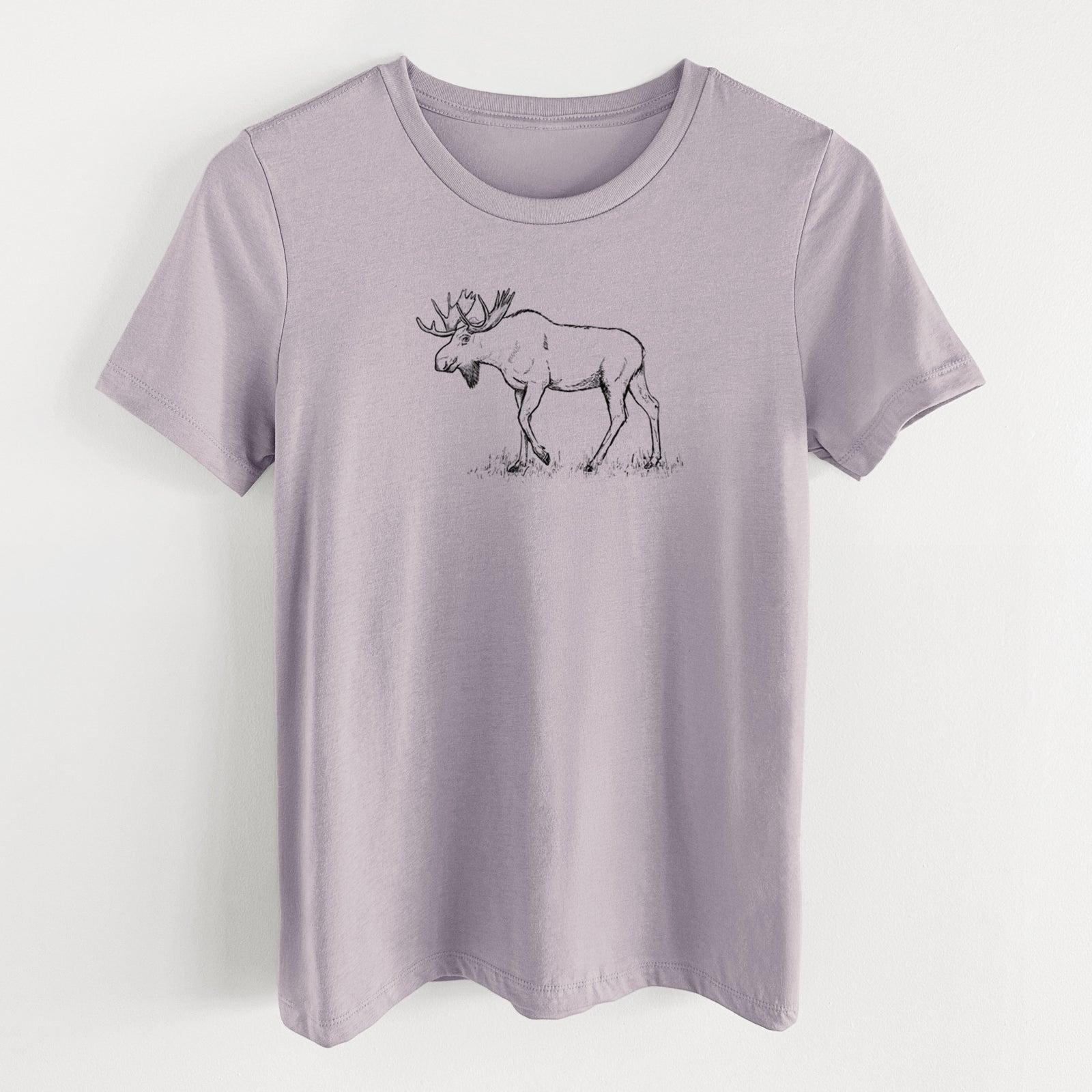 Light violet women's relaxed fit cotton t-shirt laid flat, printed with a black ink illustration of a bull moose with broad antlers walking.
