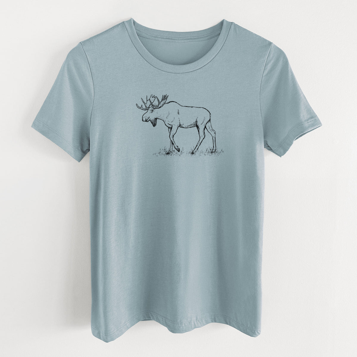 Vintage denim women's relaxed fit cotton t-shirt laid flat, printed with a black ink illustration of a bull moose with broad antlers walking.