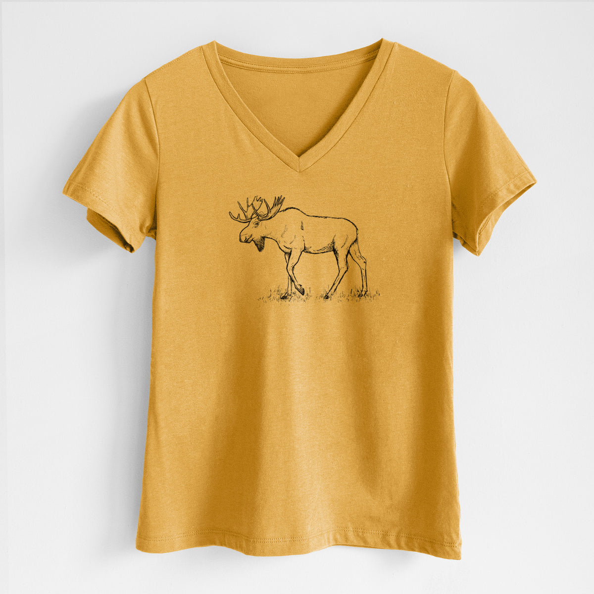 Honeycomb yellow women's relaxed fit cotton V-neck t-shirt laid flat, printed with a black ink illustration of a bull moose with broad antlers walking.