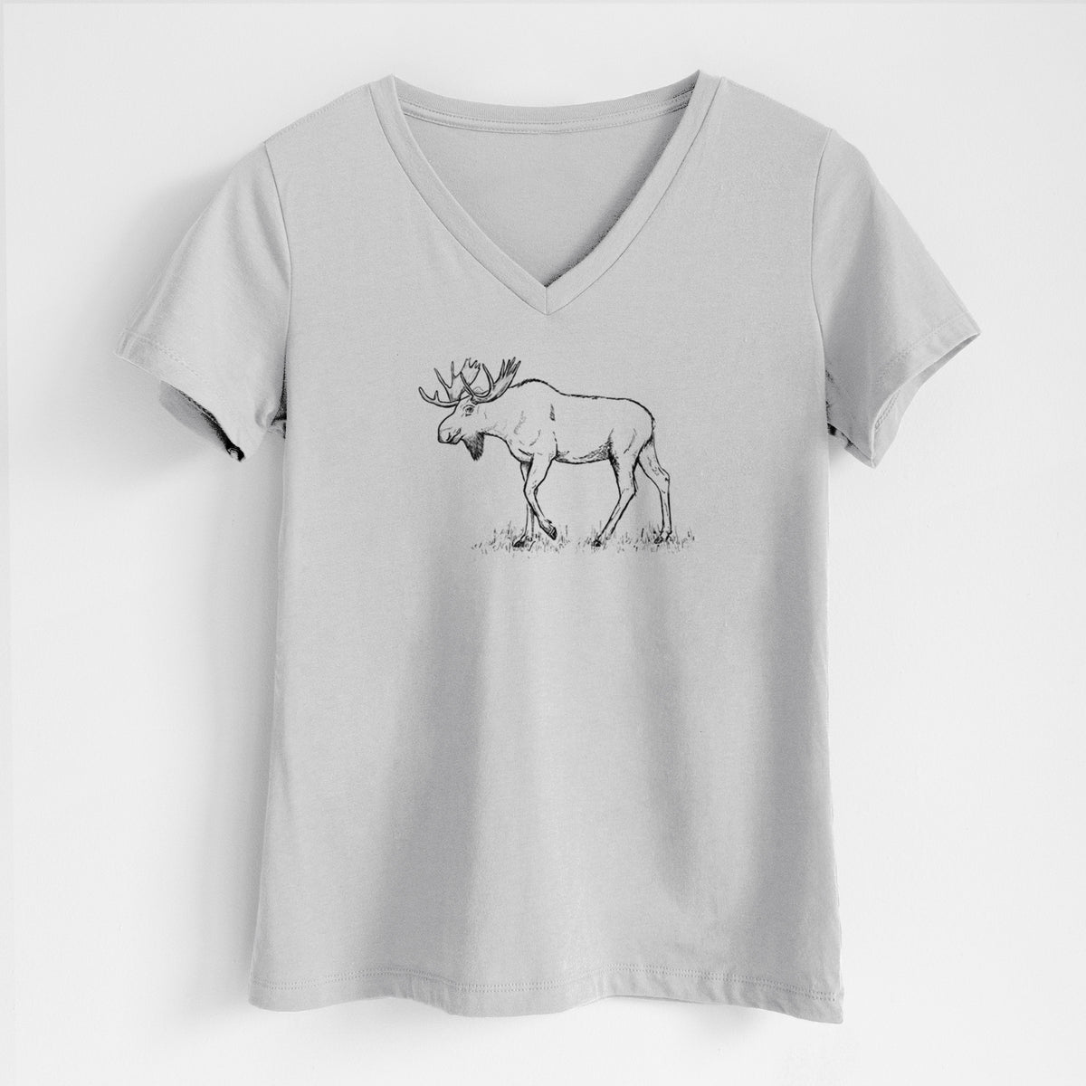 Lunar grey women's relaxed fit cotton V-neck t-shirt laid flat, printed with a black ink illustration of a bull moose with broad antlers walking.