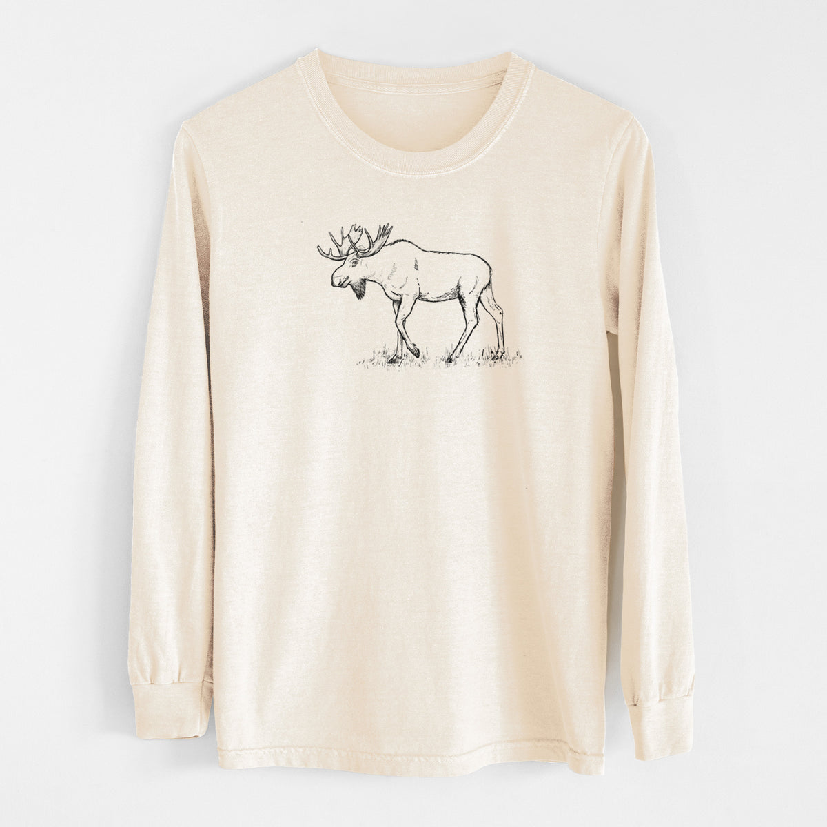 Ivory Comfort Colors long sleeve shirt laid flat, printed with a black ink illustration of a bull moose with broad antlers walking.