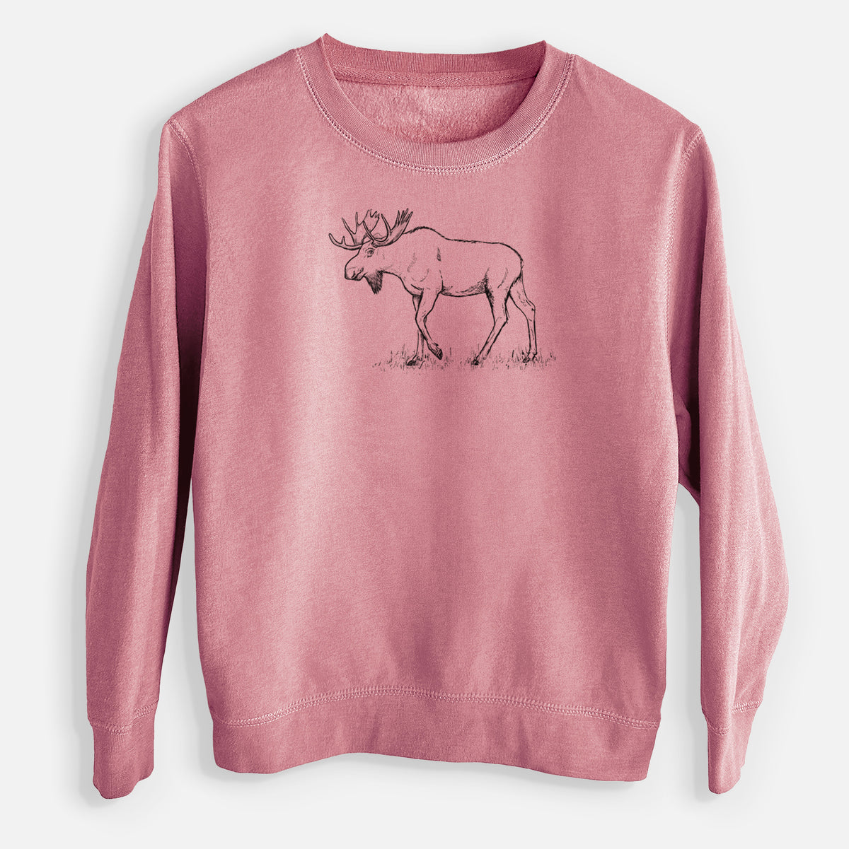 Mauve pink youth crewneck sweatshirt laid flat, printed with a black ink illustration of a bull moose with broad antlers walking.