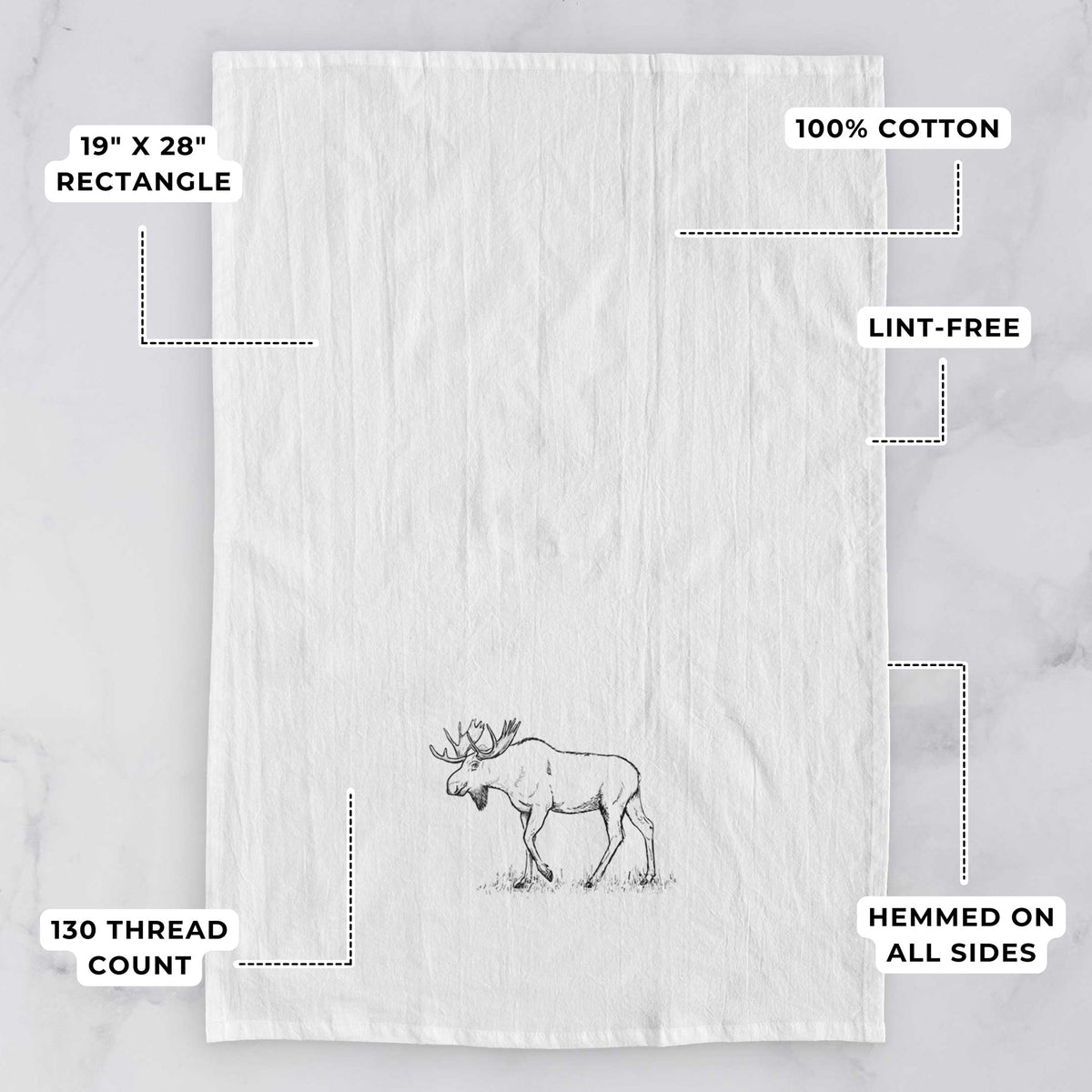 White tea towel printed with a black ink illustration of a bull moose with broad antlers walking, with feature labels: 19 by 28 inch rectangle, 100% cotton, lint-free, 130 thread count, hemmed on all sides.