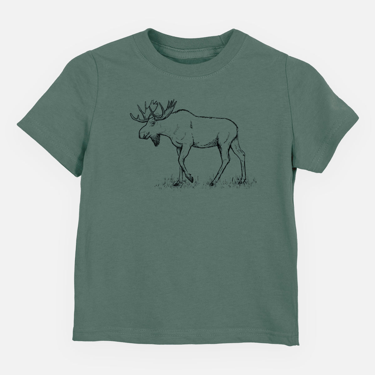 Basil green toddler t-shirt laid flat, printed with a black ink illustration of a bull moose with broad antlers walking.