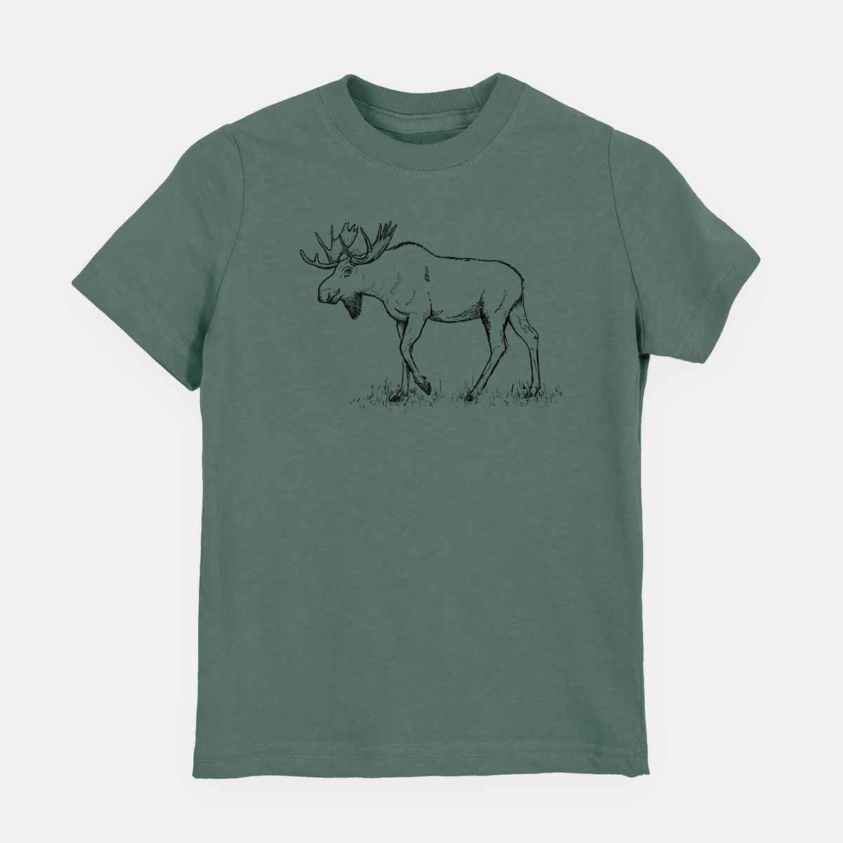 Basil green youth t-shirt laid flat, printed with a black ink illustration of a bull moose with broad antlers walking.