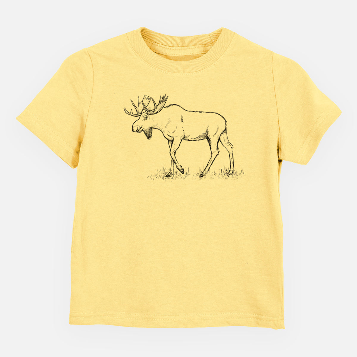 Butter yellow toddler t-shirt laid flat, printed with a black ink illustration of a bull moose with broad antlers walking.