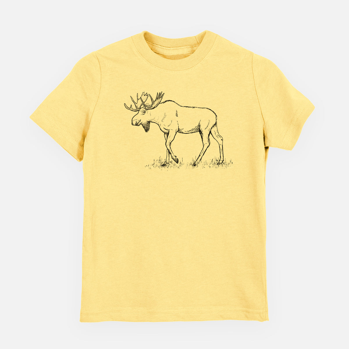 Butter yellow youth t-shirt laid flat, printed with a black ink illustration of a bull moose with broad antlers walking.