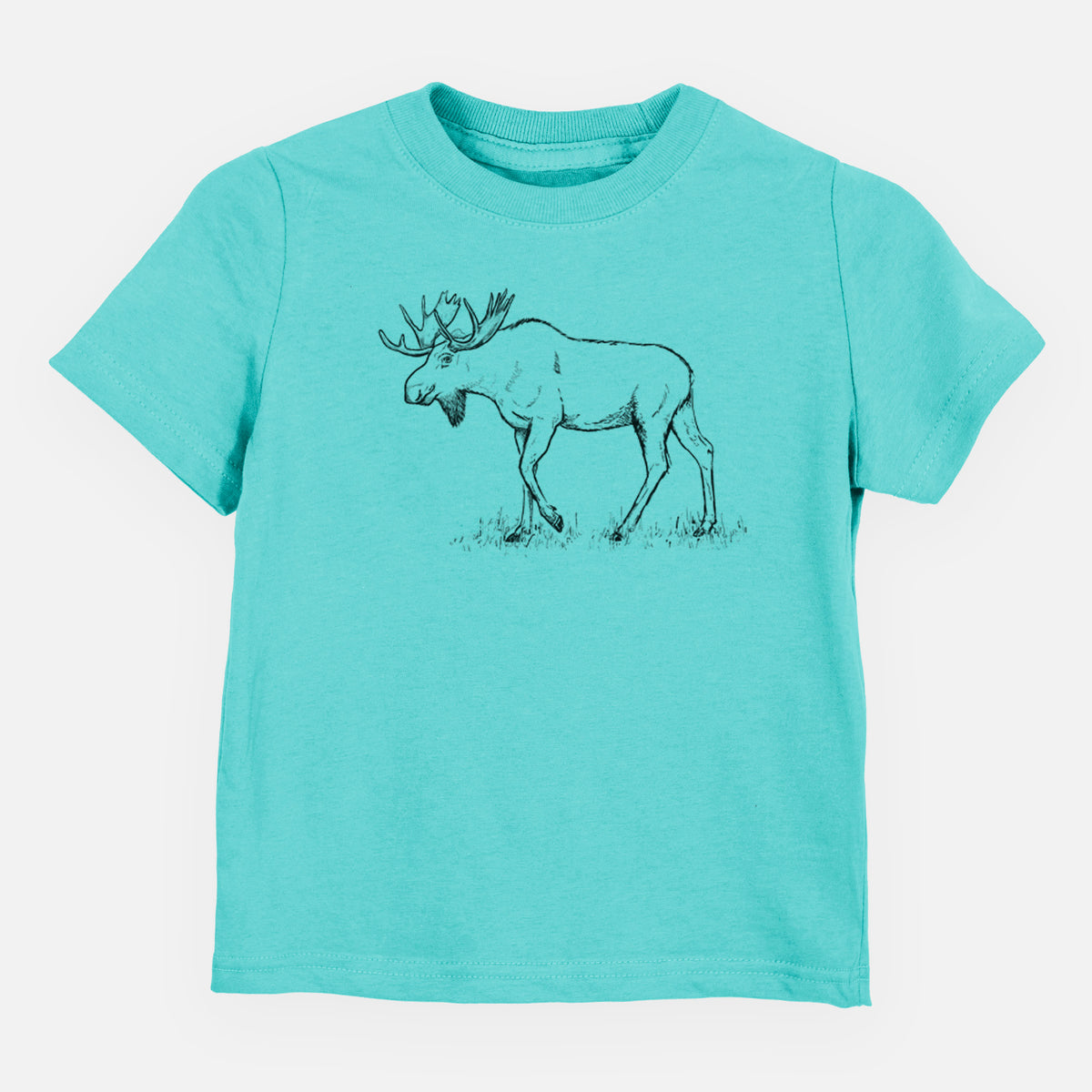 Caribbean blue toddler t-shirt laid flat, printed with a black ink illustration of a bull moose with broad antlers walking.