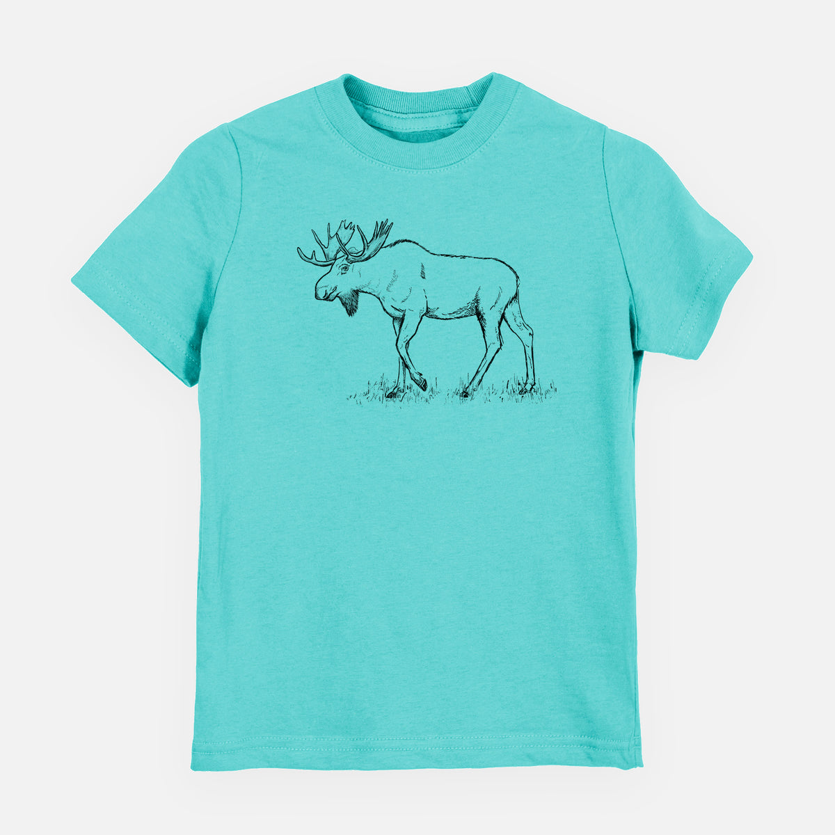 Caribbean blue youth t-shirt laid flat, printed with a black ink illustration of a bull moose with broad antlers walking.