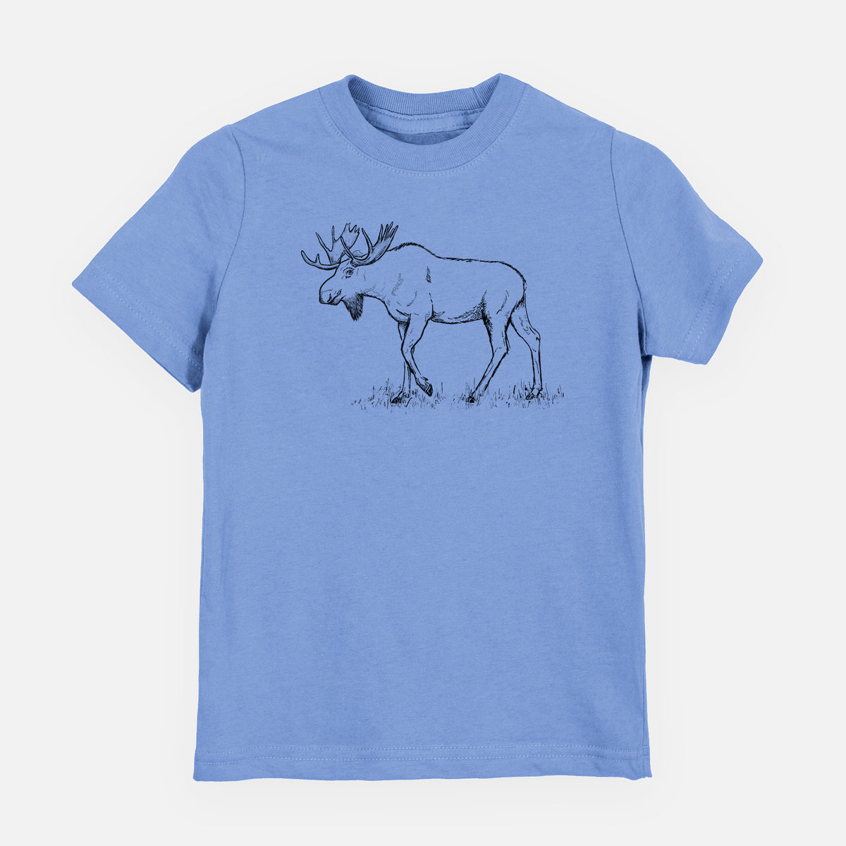 Carolina blue youth t-shirt laid flat, printed with a black ink illustration of a bull moose with broad antlers walking.