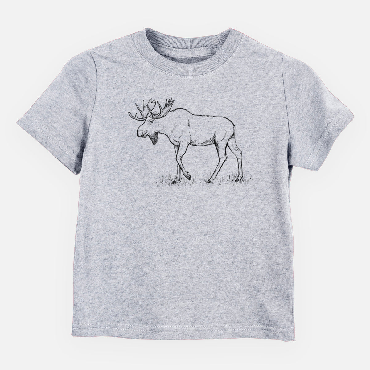 Heather grey toddler t-shirt laid flat, printed with a black ink illustration of a bull moose with broad antlers walking.