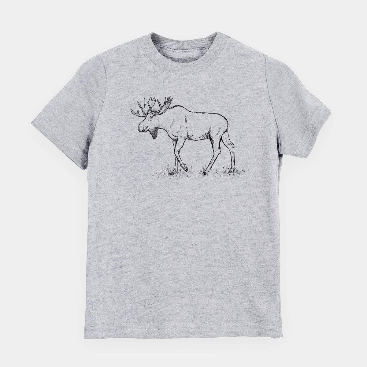 Heather grey youth t-shirt laid flat, printed with a black ink illustration of a bull moose with broad antlers walking.