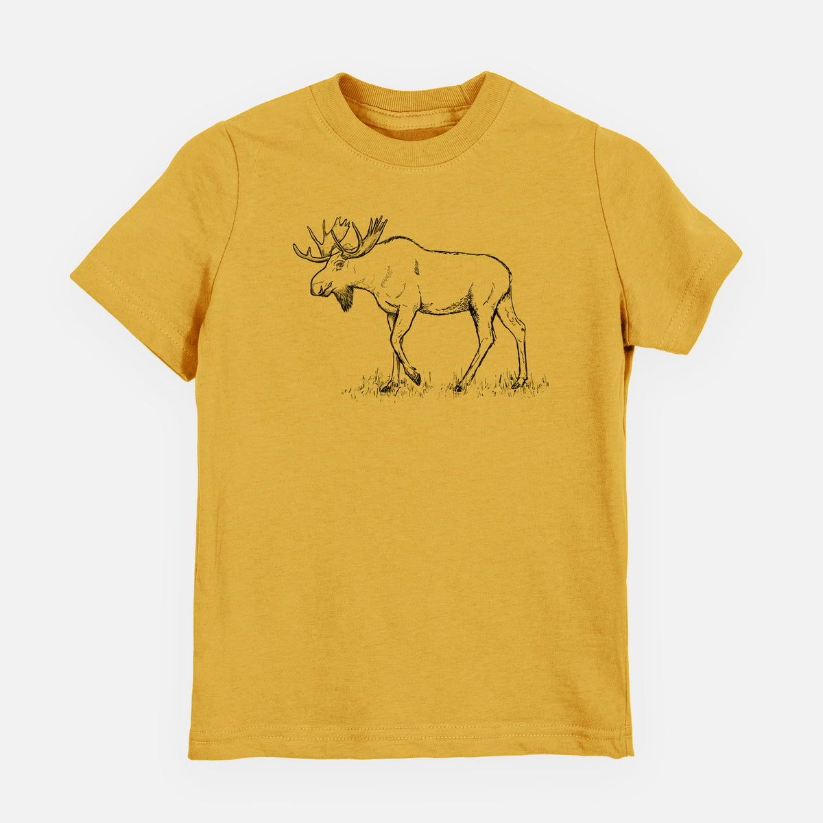 Honeycomb yellow youth t-shirt laid flat, printed with a black ink illustration of a bull moose with broad antlers walking.