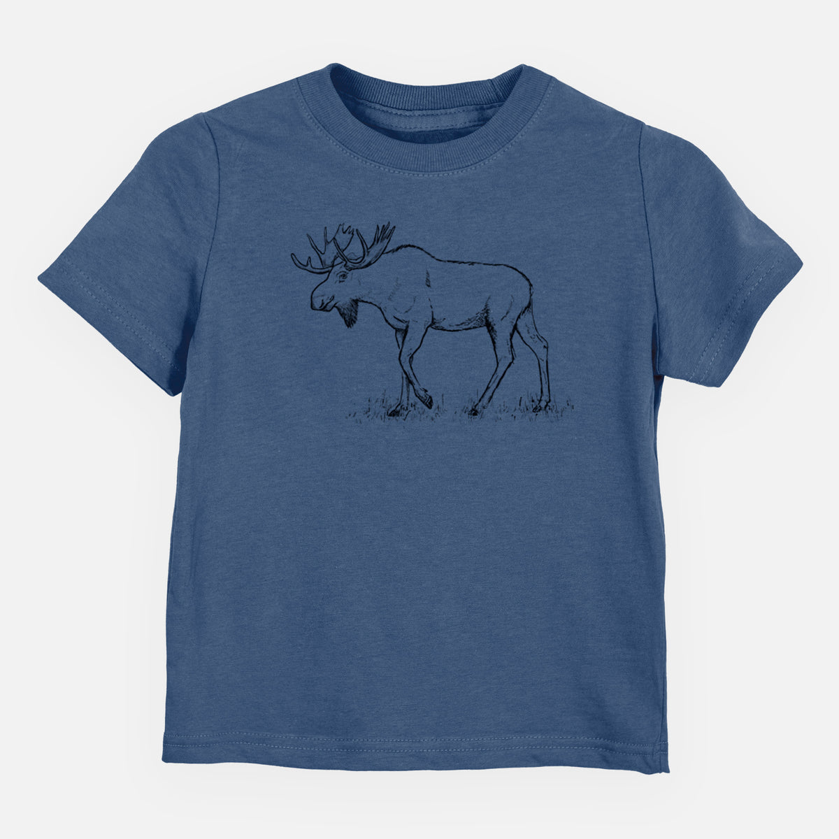 Indigo blue toddler t-shirt laid flat, printed with a black ink illustration of a bull moose with broad antlers walking.