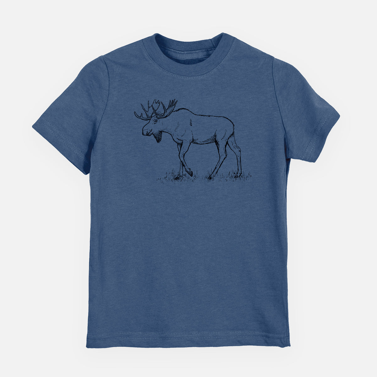 Indigo blue youth t-shirt laid flat, printed with a black ink illustration of a bull moose with broad antlers walking.