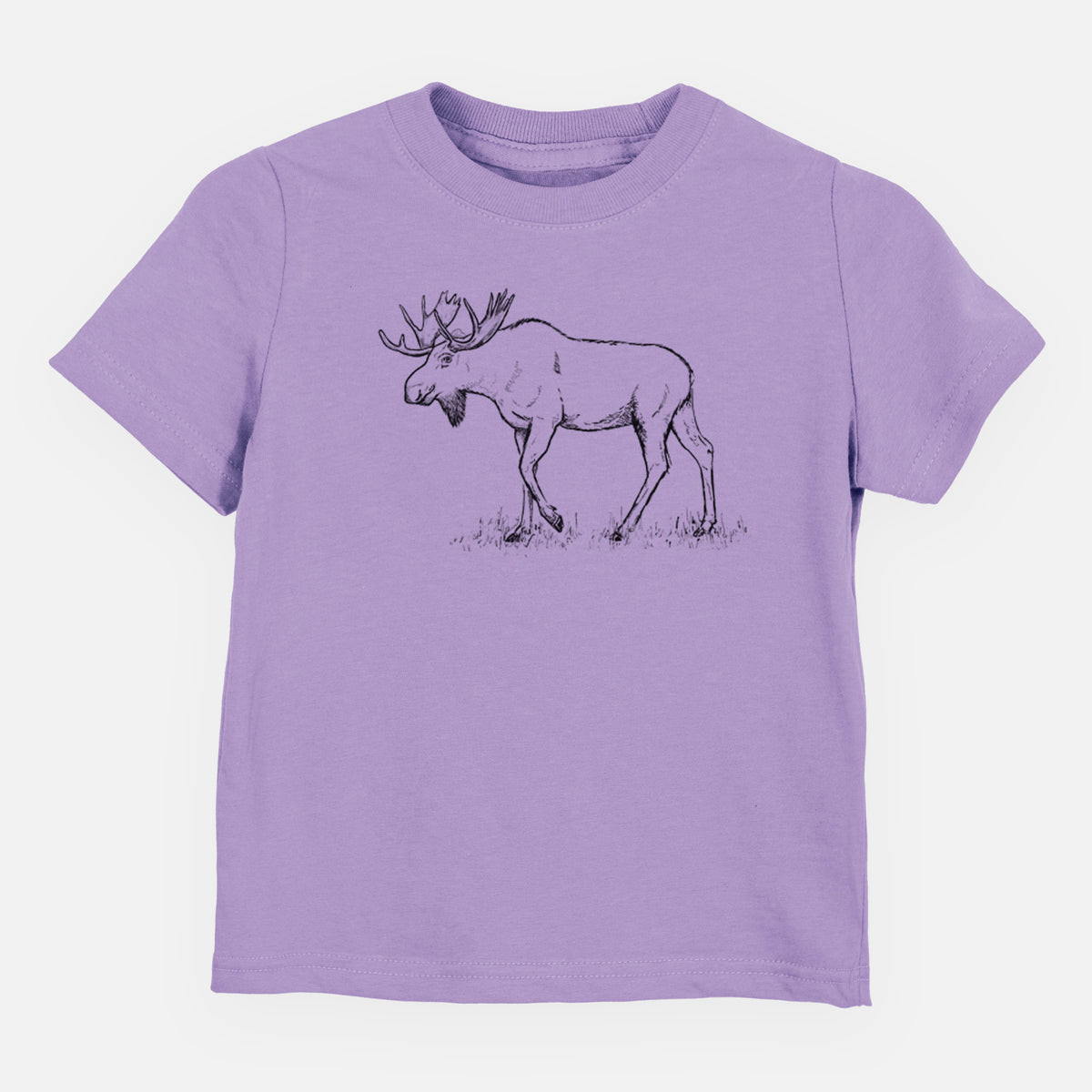 Lavender toddler t-shirt laid flat, printed with a black ink illustration of a bull moose with broad antlers walking.