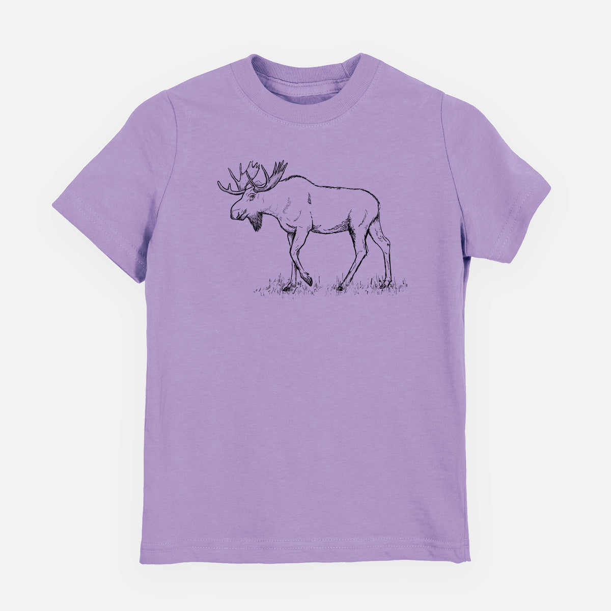 Lavender youth t-shirt laid flat, printed with a black ink illustration of a bull moose with broad antlers walking.