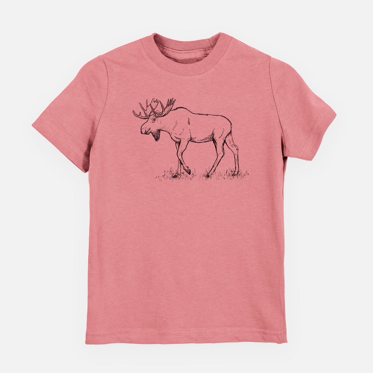 Mauve pink youth t-shirt laid flat, printed with a black ink illustration of a bull moose with broad antlers walking.
