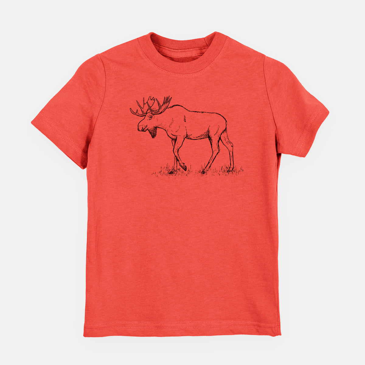 Passionfruit pink youth t-shirt laid flat, printed with a black ink illustration of a bull moose with broad antlers walking.