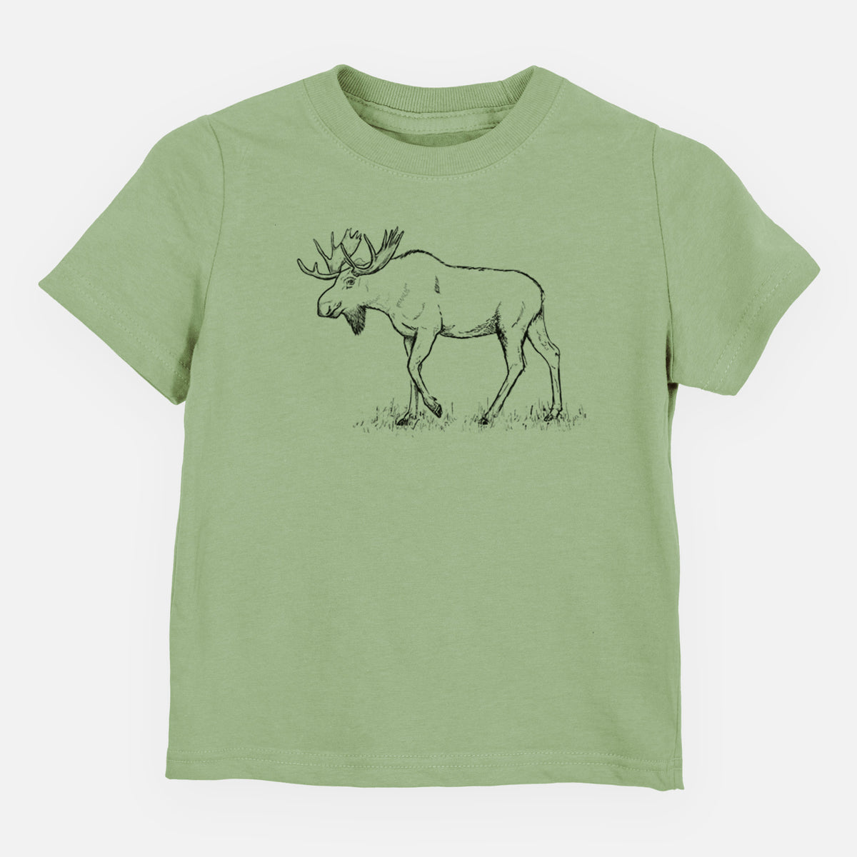 Sage green toddler t-shirt laid flat, printed with a black ink illustration of a bull moose with broad antlers walking.