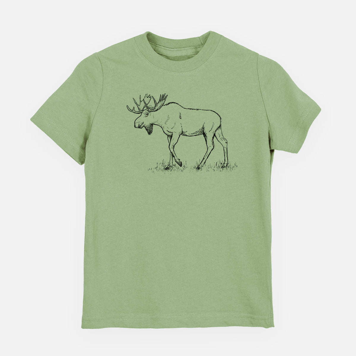 Sage green youth t-shirt laid flat, printed with a black ink illustration of a bull moose with broad antlers walking.