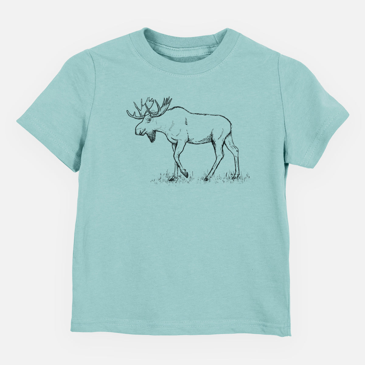 Saltwater toddler t-shirt laid flat, printed with a black ink illustration of a bull moose with broad antlers walking.