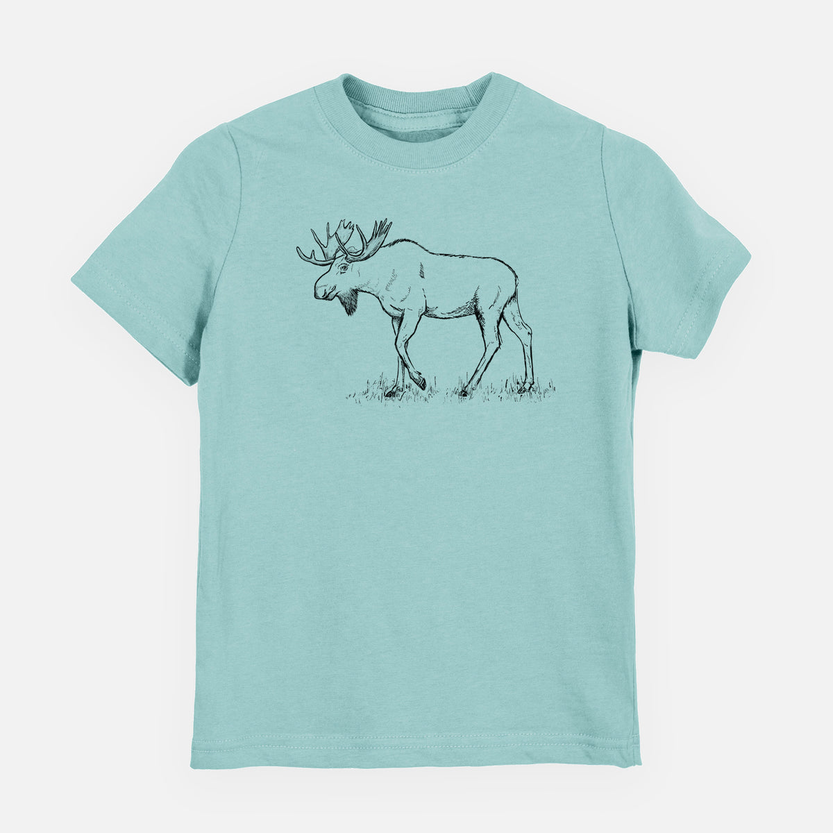 Saltwater youth t-shirt laid flat, printed with a black ink illustration of a bull moose with broad antlers walking.