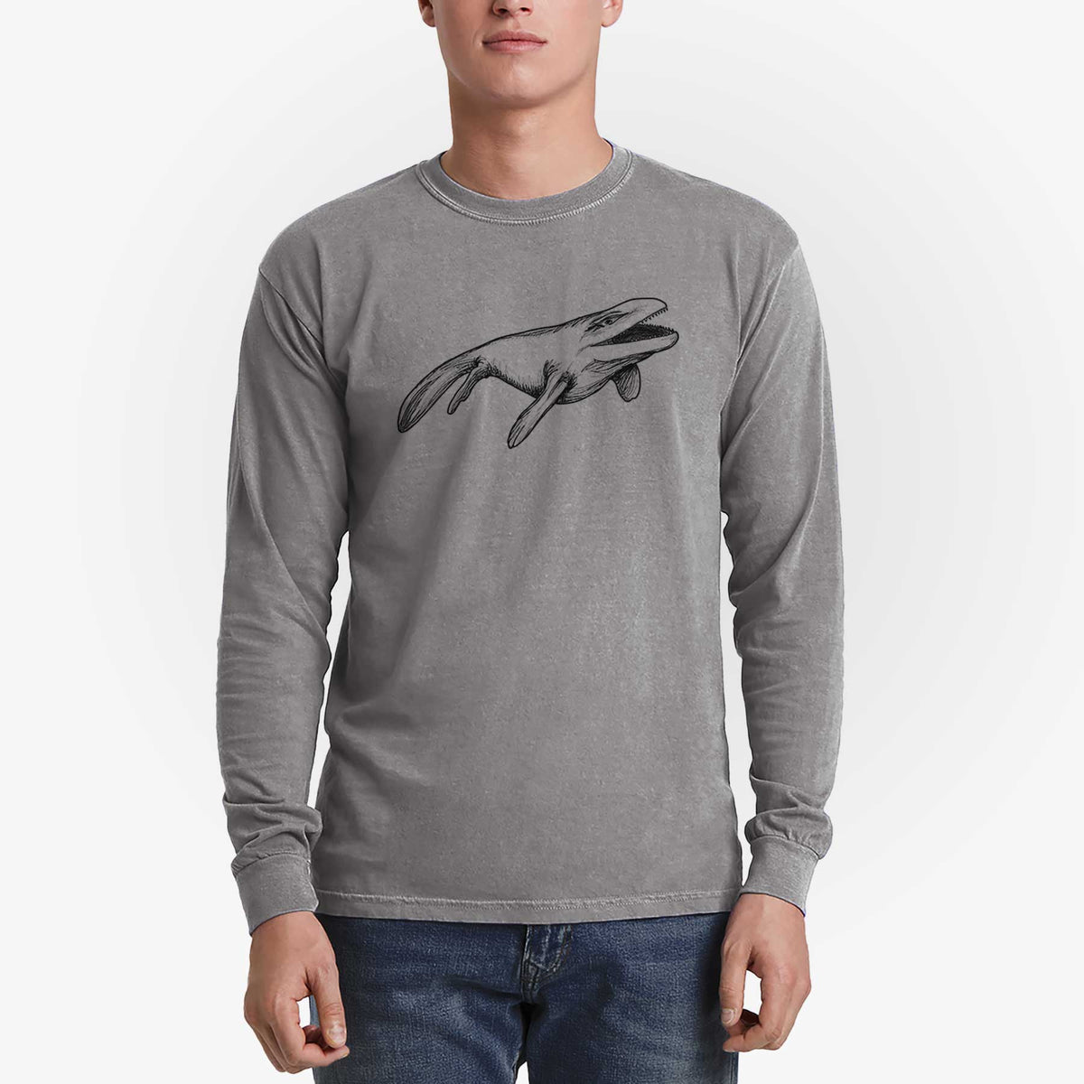 Man wearing a grey Comfort Colors long sleeve shirt printed with a black ink illustration of a Mosasaur swimming.